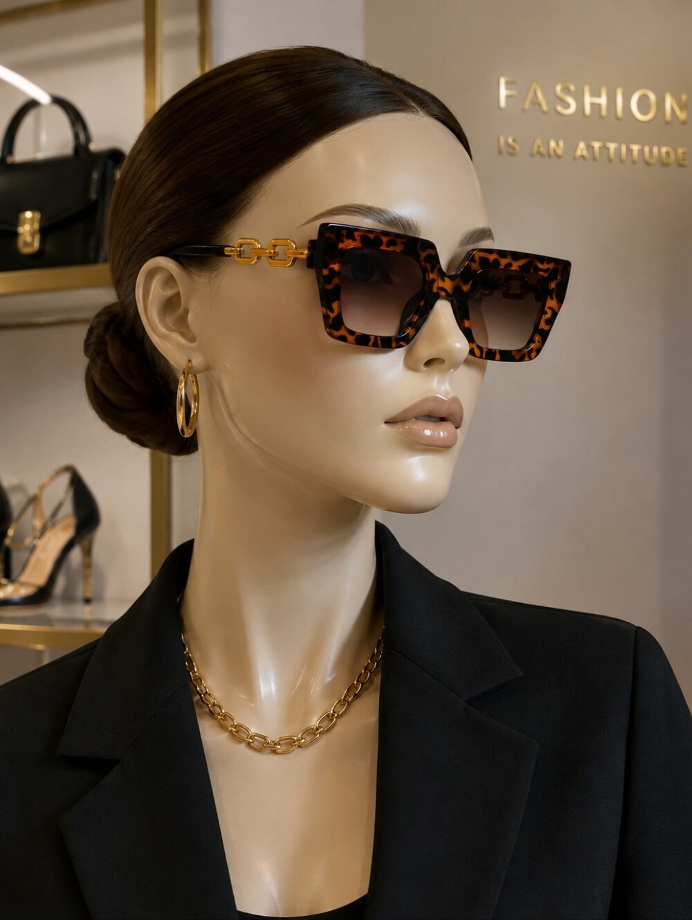 Tortoiseshell Square Sunglasses with Gold-Link Temples